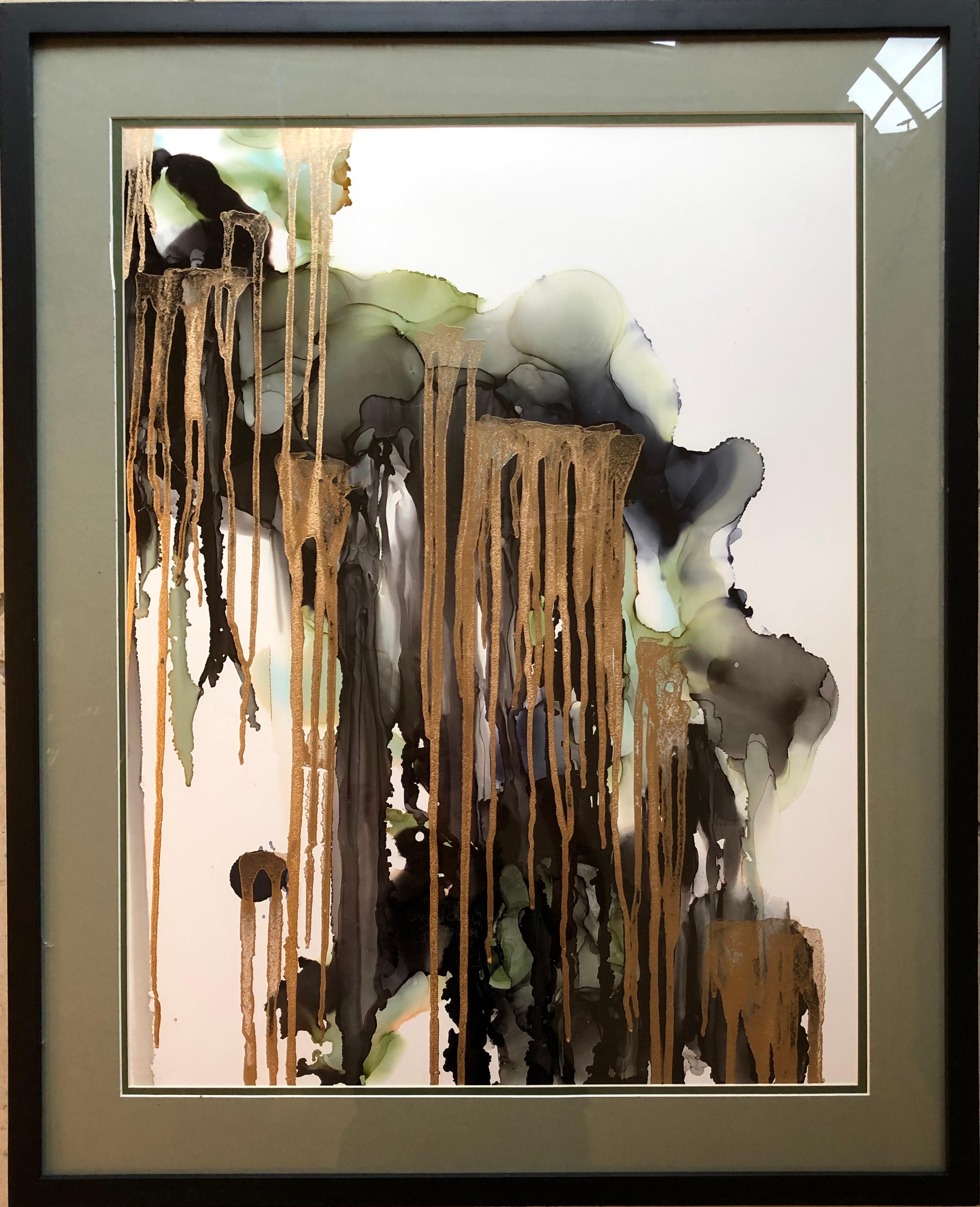 Peinture abstraite en forme de saule pleureur, réalisée en vert, or, dos, gris, couleur olive