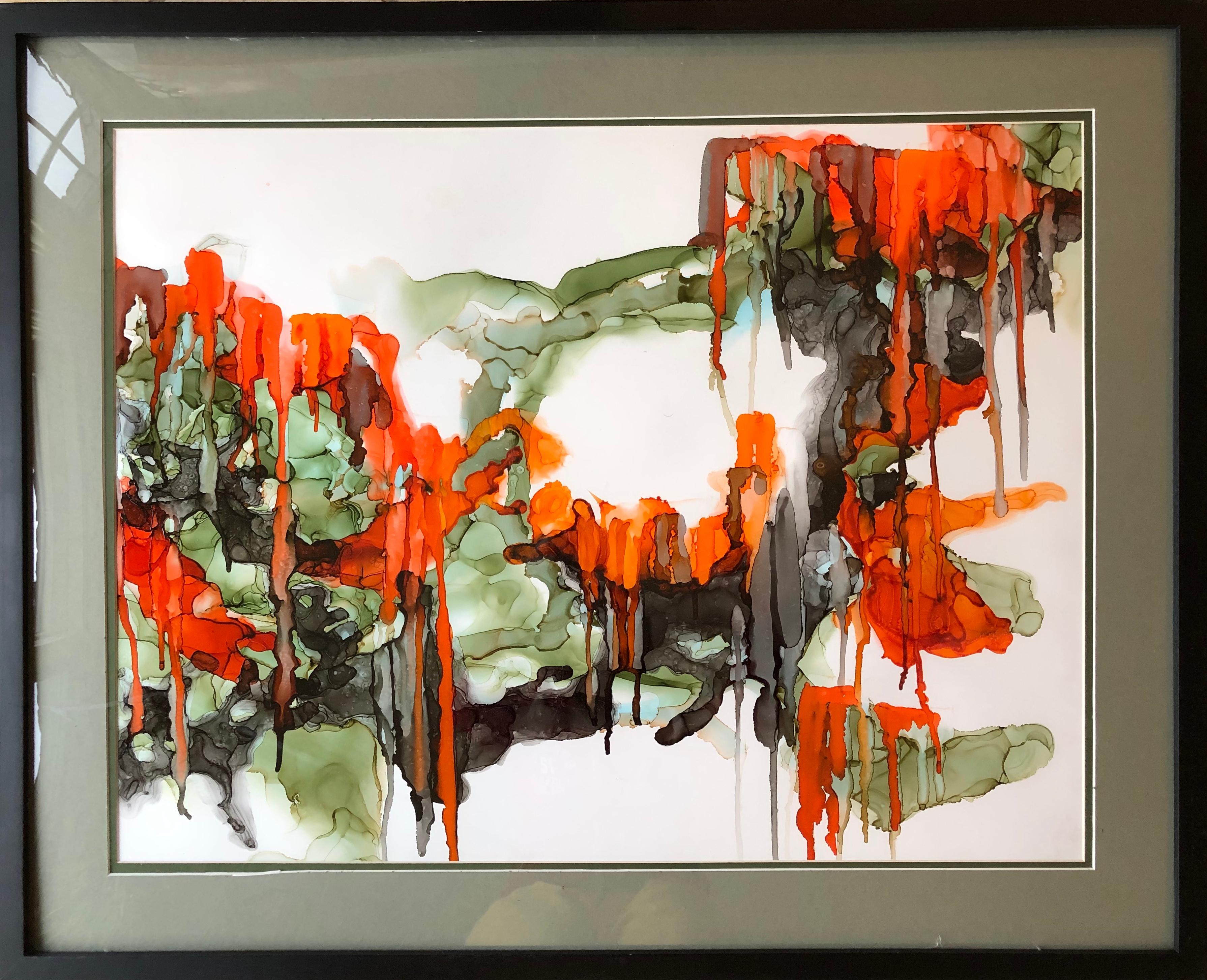 "You will drive me crazy-abstract art, made in green,orange,red,back,,olive color