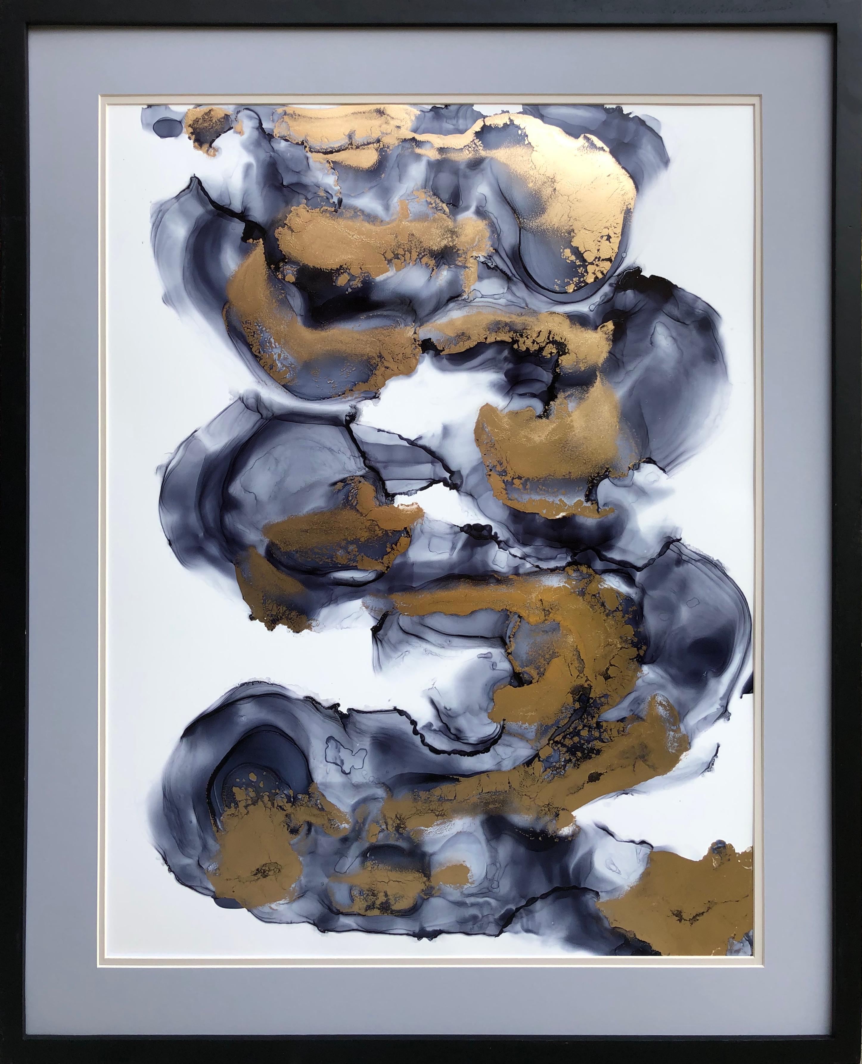 Mila Akopova Abstract Painting – Whirl II-abstraction art, made in gold, grey, black, white