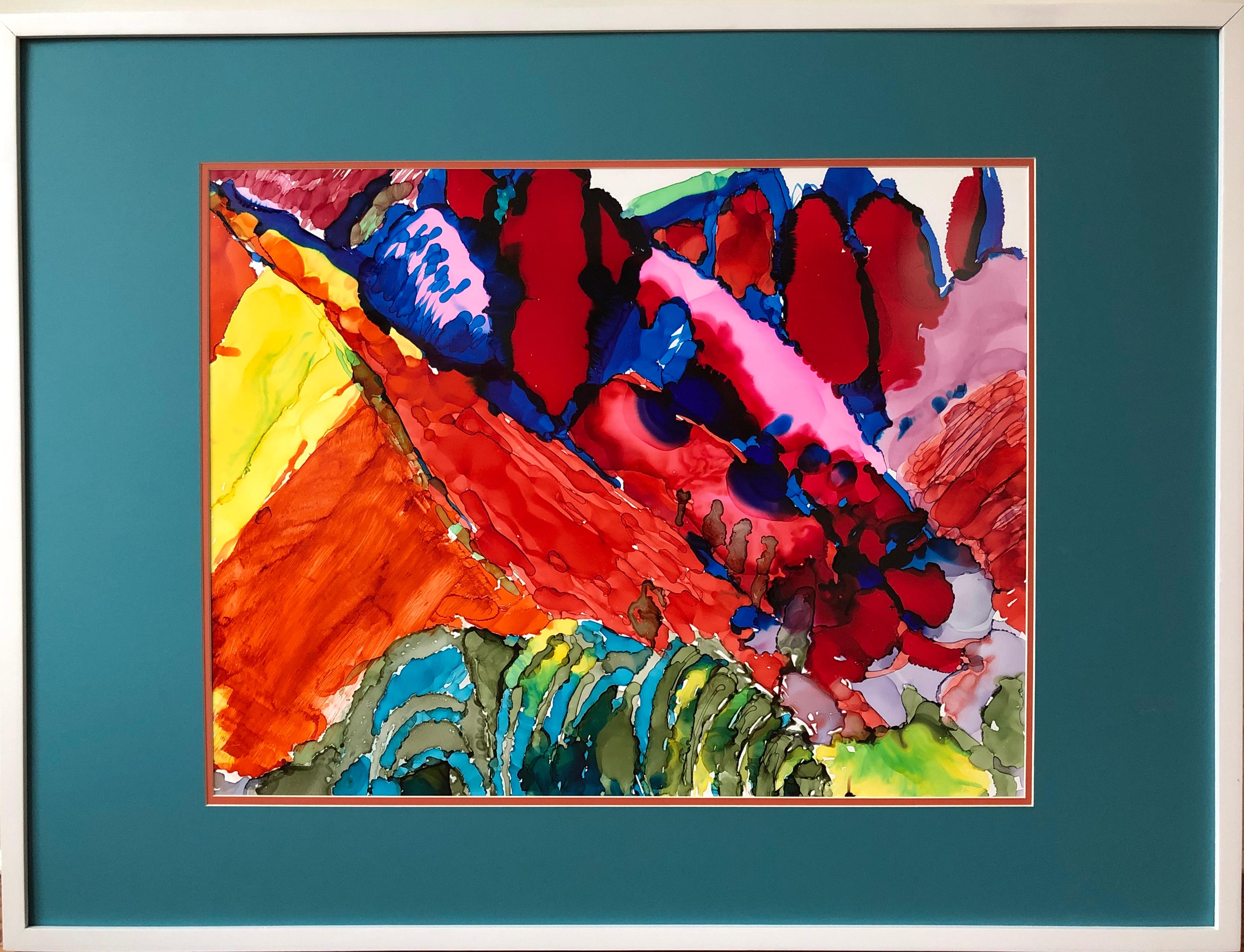 Mila Akopova Abstract Painting – Mountainscape inspiriert von M.Saryan-gefertigt in Gelb, Orange, Rot, Blau und Türkis