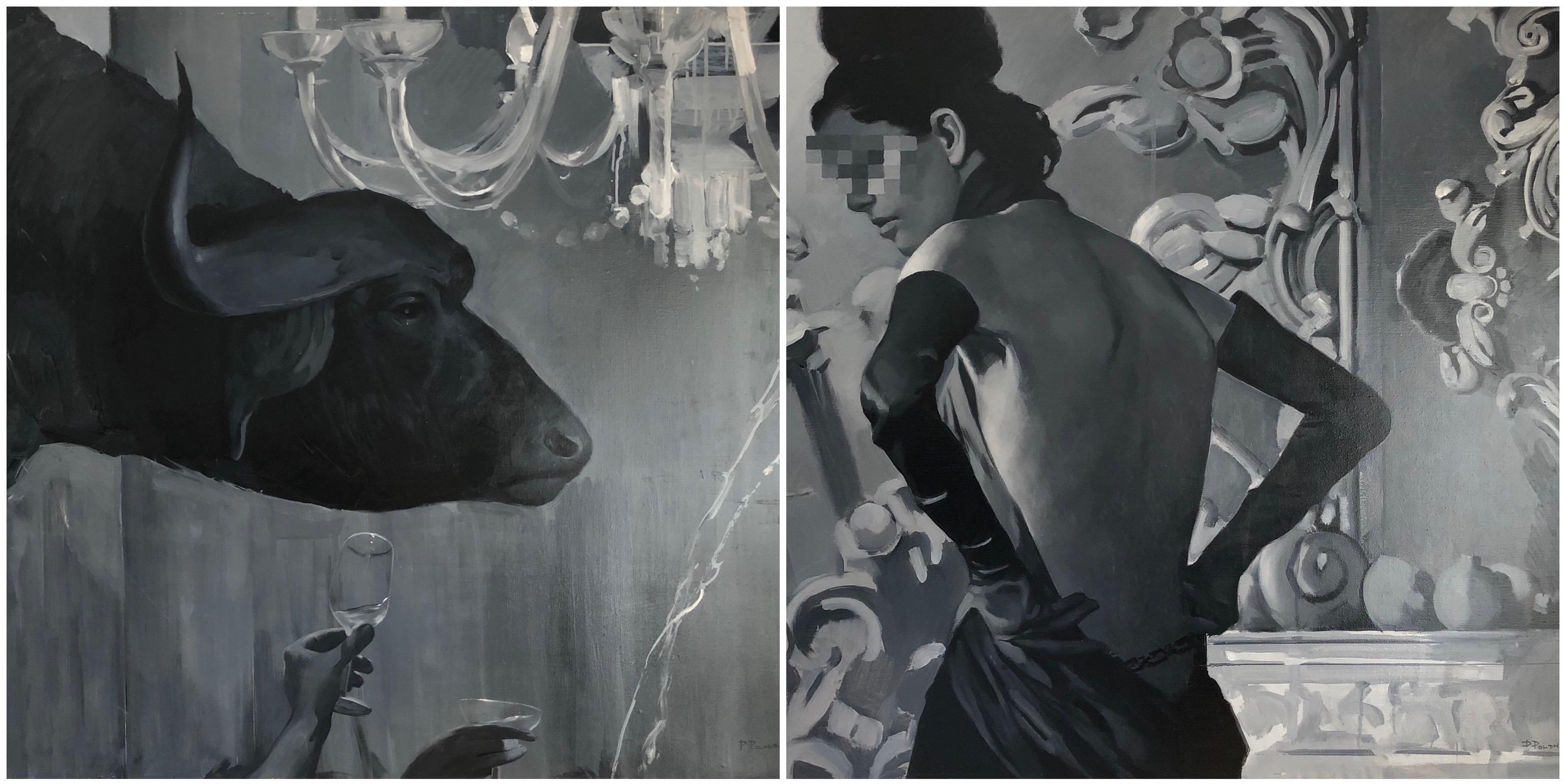 Pavel Polanski Figurative Painting - Abduction of Europe diptych-interior art made in grey, white and black color