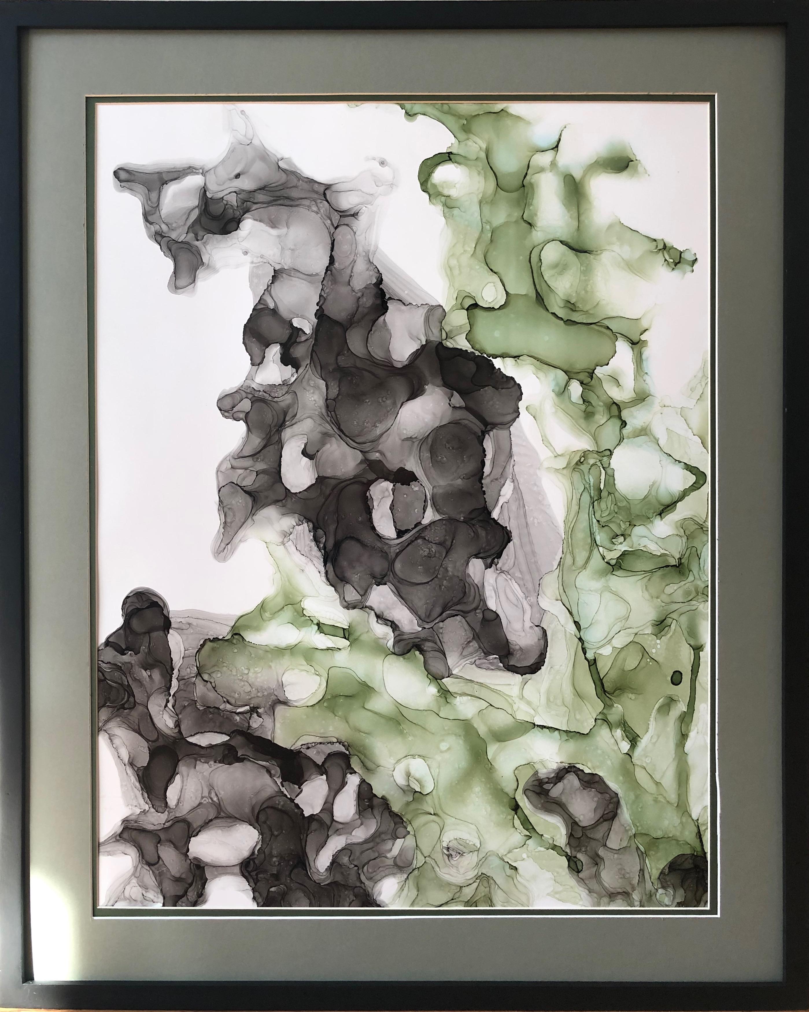 Seepferdchen-abstraktionskunst, in Grau, Schwarz, Grün und Olivfarbe gefertigt