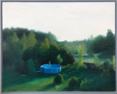 Bathing-landscape, canvas on cardboard, oil, framed, made in green, blue color