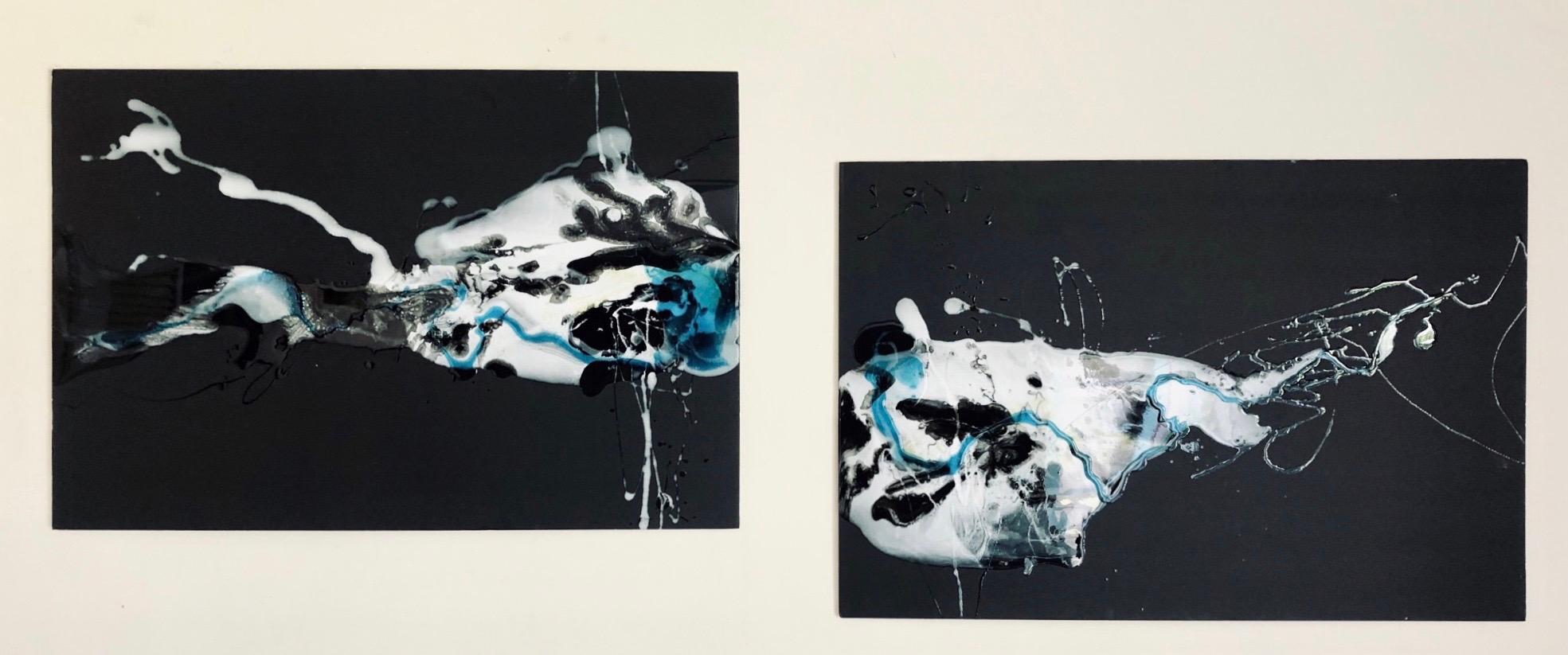 Lena Cher Abstract Drawing - Spermatozoons (Diptych)- abstraction art, made in black, white, blue
