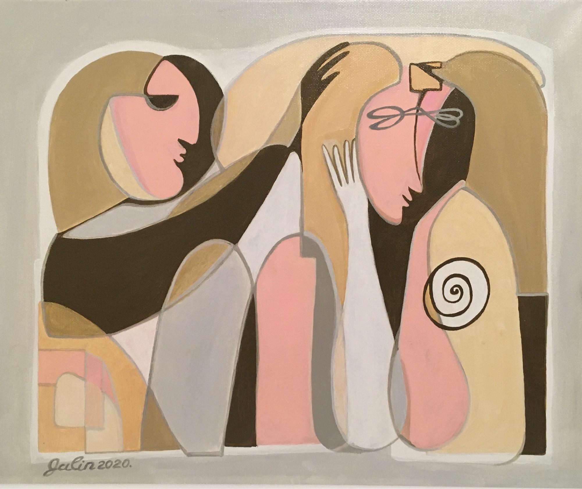 Flirt-abstraction art, made in grey, pale pink, brown, ochre, beige color