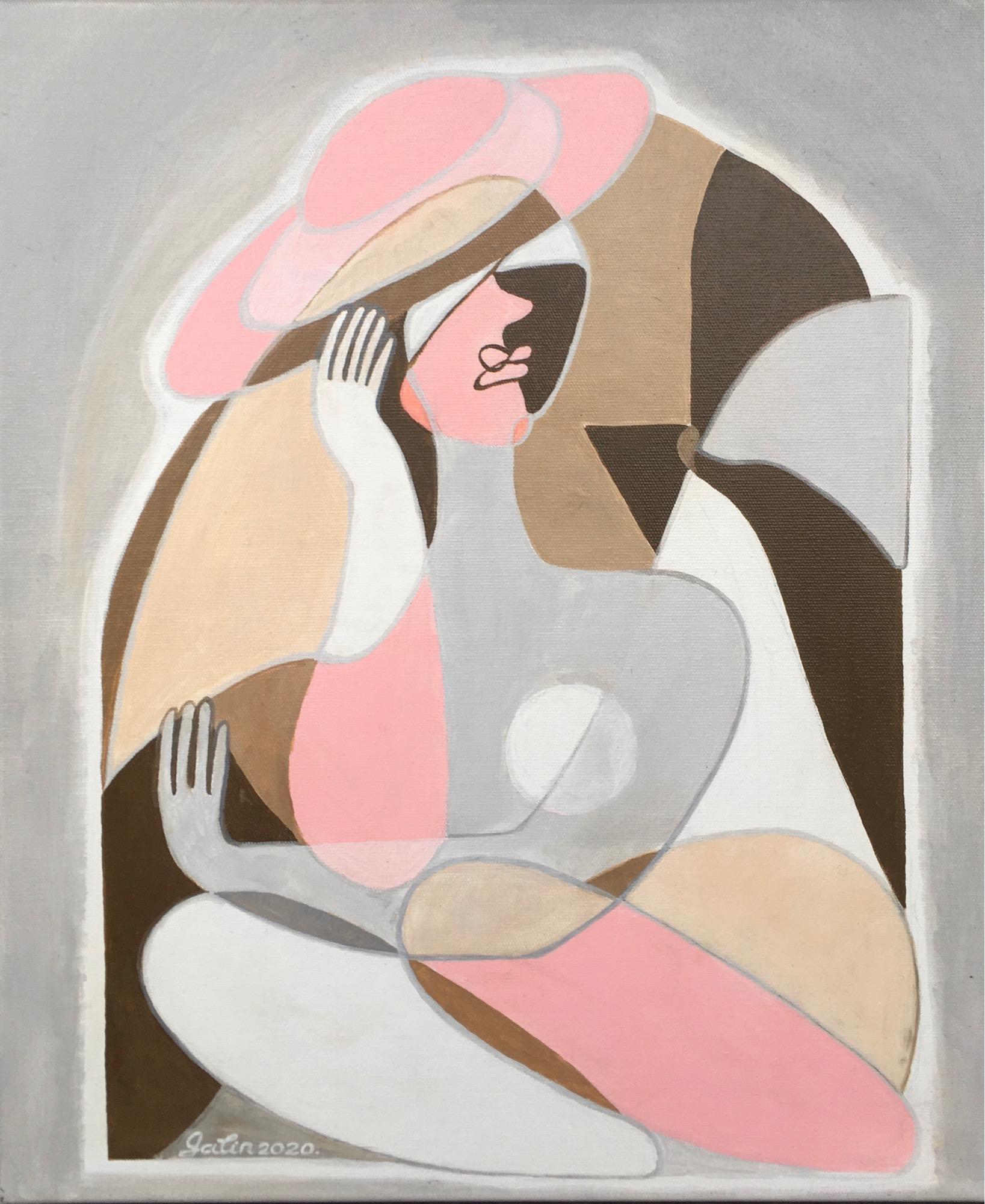 The dreaming lady- abstraction art, made in pale pink, beige, grey, brown color