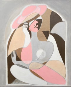 La dame rêveuse - art d'abstraction, réalisé en rose pâle, beige, gris et brun