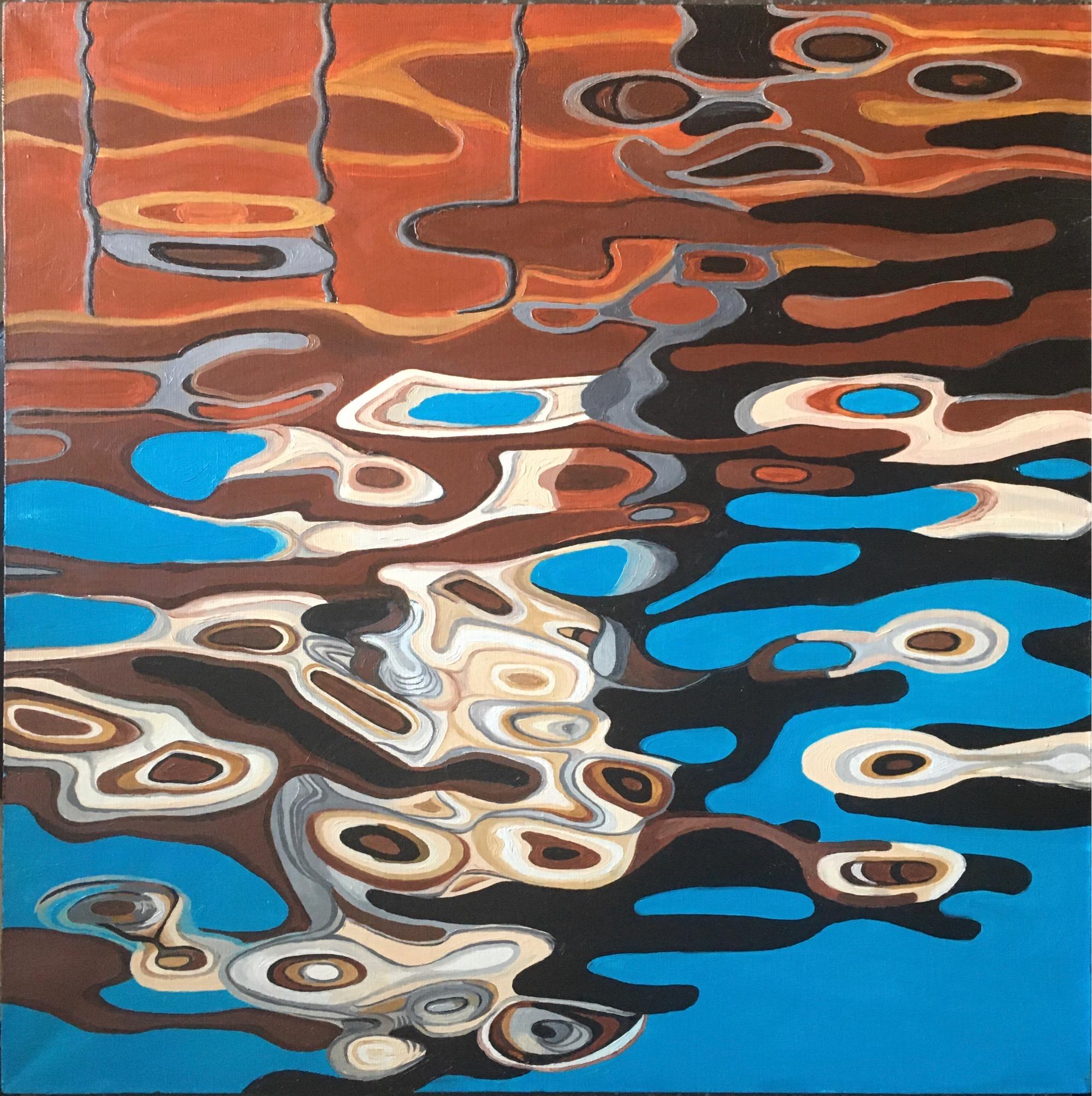 Reflection-abstract painting, made in blue, brown, beige, orange, grey color