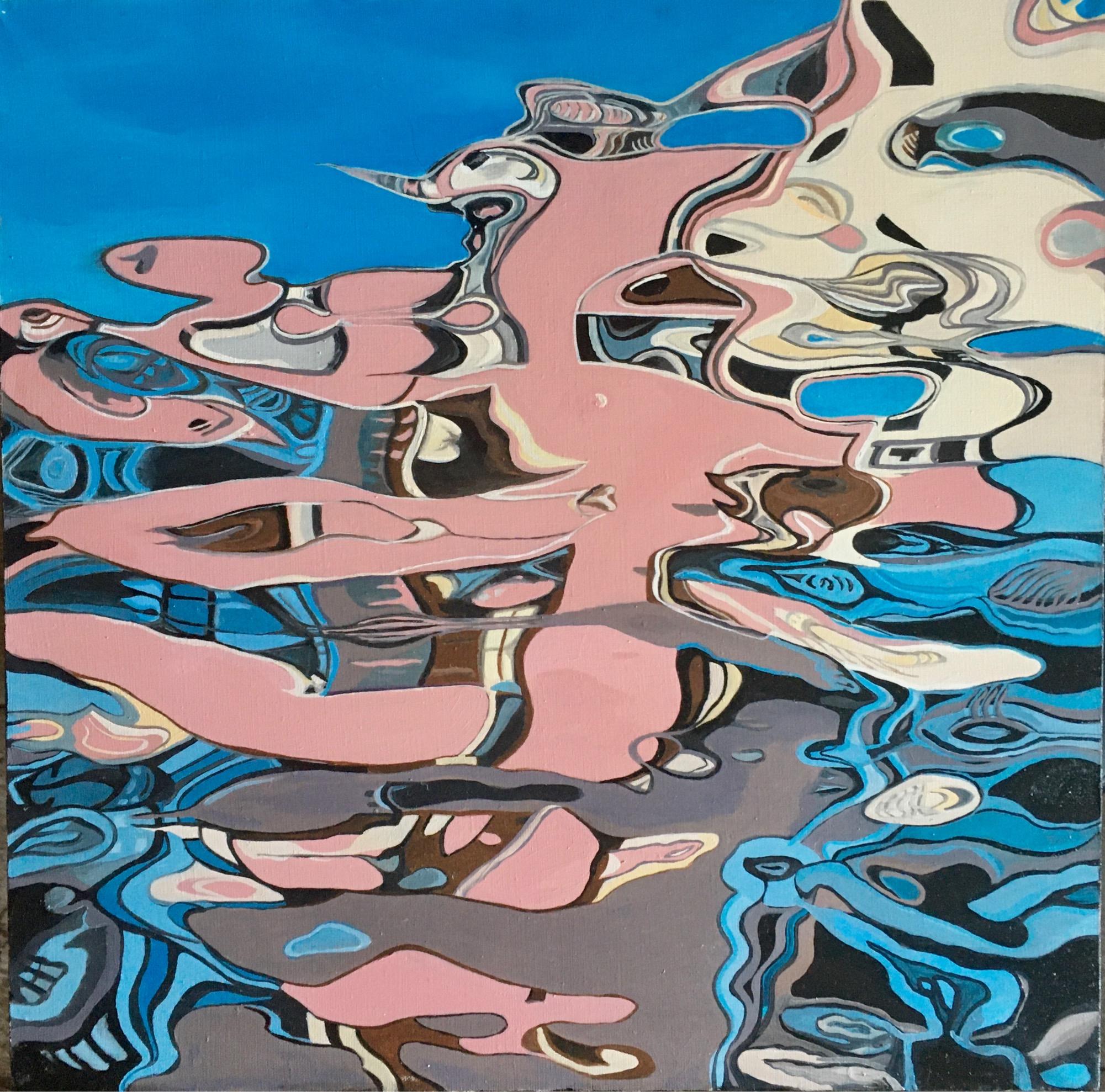 Landscape Painting Galin R - Peinture Reflection II abstraite, réalisée en bleu ciel, rose, beige, gris couleur