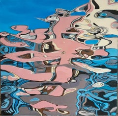 Reflection II-abstract painting, made in sky blue, pink, beige, grey color