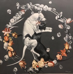 Night-dogs fighting (flowers), made in grey, red, orange, black and white color