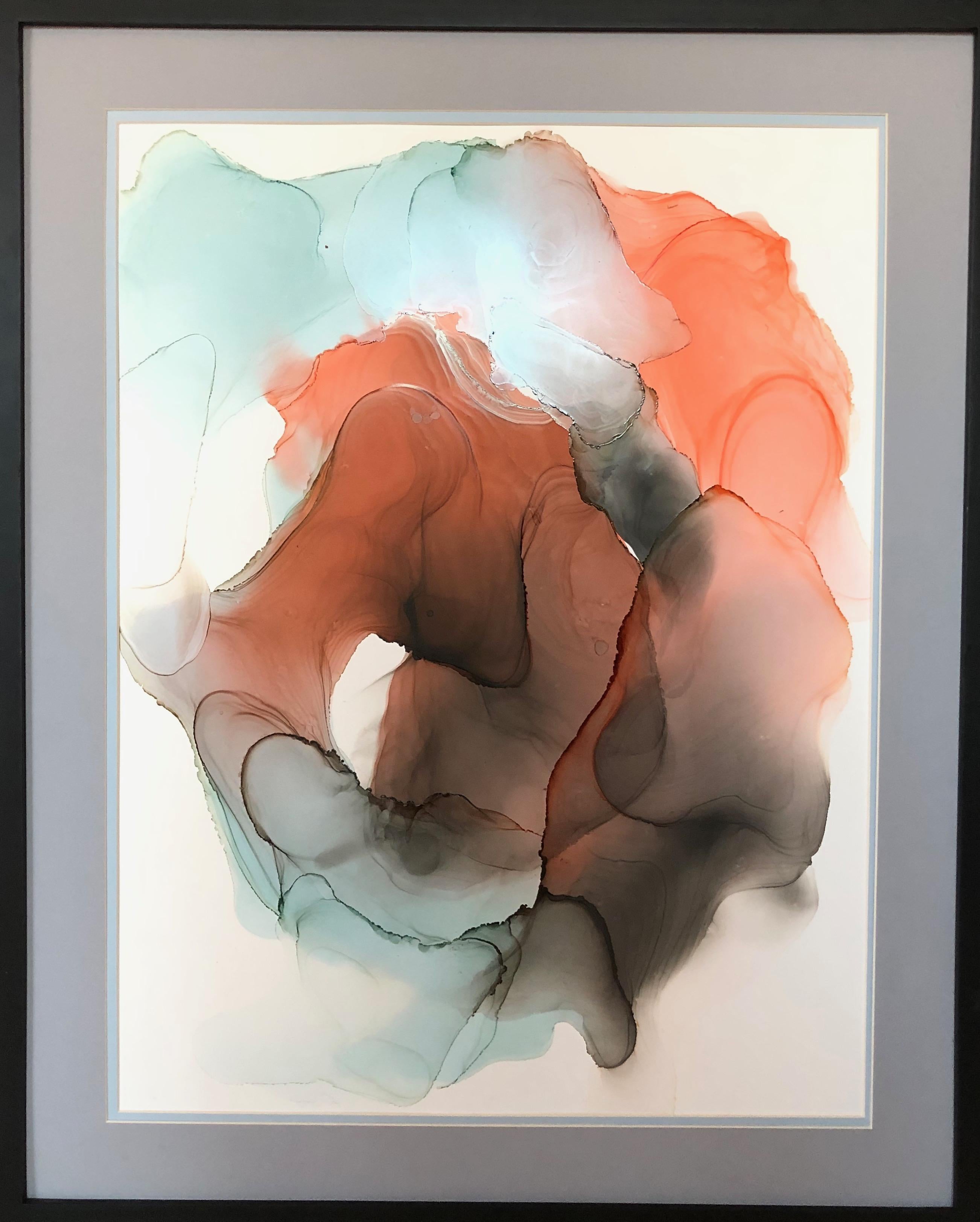 Mila Akopova Abstract Drawing - Untitled-abstraction art, made in orange, salmon red, turquoise, ice ocean