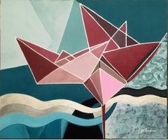 Nostalgia.Origami Papierboot-abstraktes Gemälde, gemalt in Rosa, Türkis, Ranke, Gold