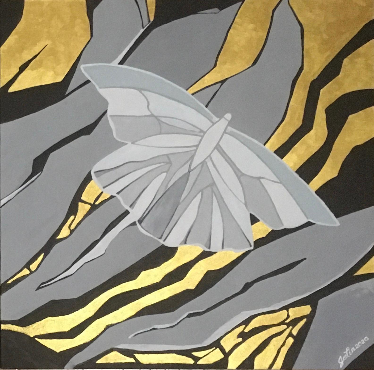 Arte de abstracción polilla, realizado en negro, dorado, gris, blanco, beige
