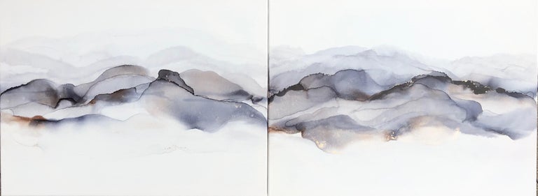Mila Akopova Abstract Painting - Haze (mountains diptych)-abstract painting, made in grey, brown, blue, gold