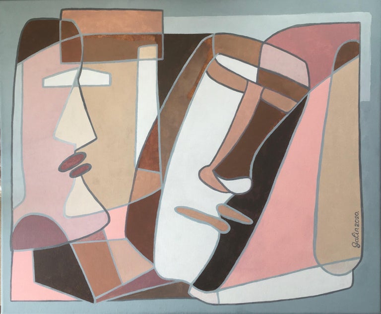 Galin R Abstract Painting - History secrets (idols from Easter Island)-abstract painting, made in pink, grey