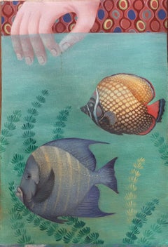 Acuario (Peces) - arte ingenuo, realizado en colores rojo, verde, azul, amarillo