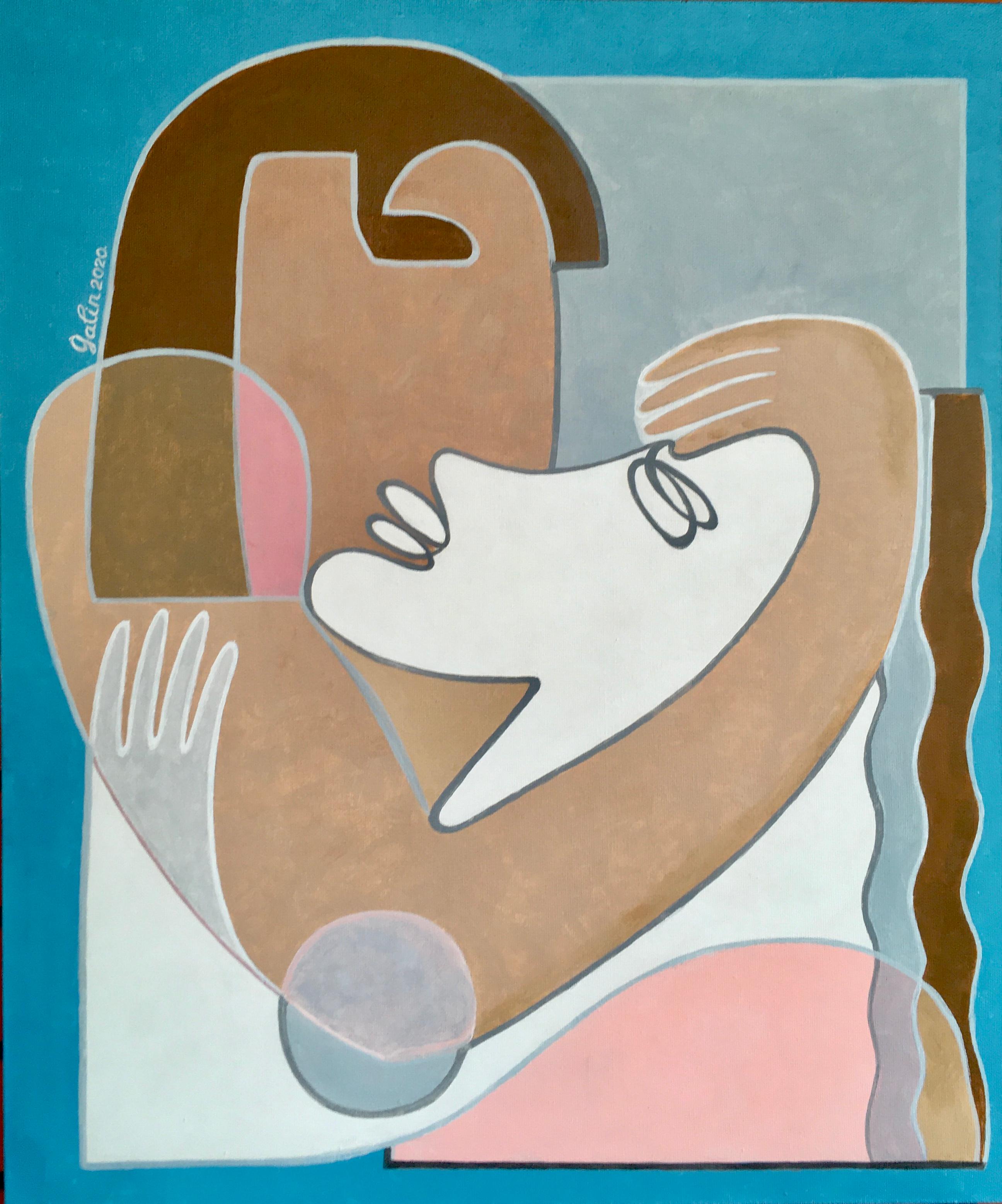Couple-abstract nude girl with a boy, made in turquoise, beige, pink, brown color