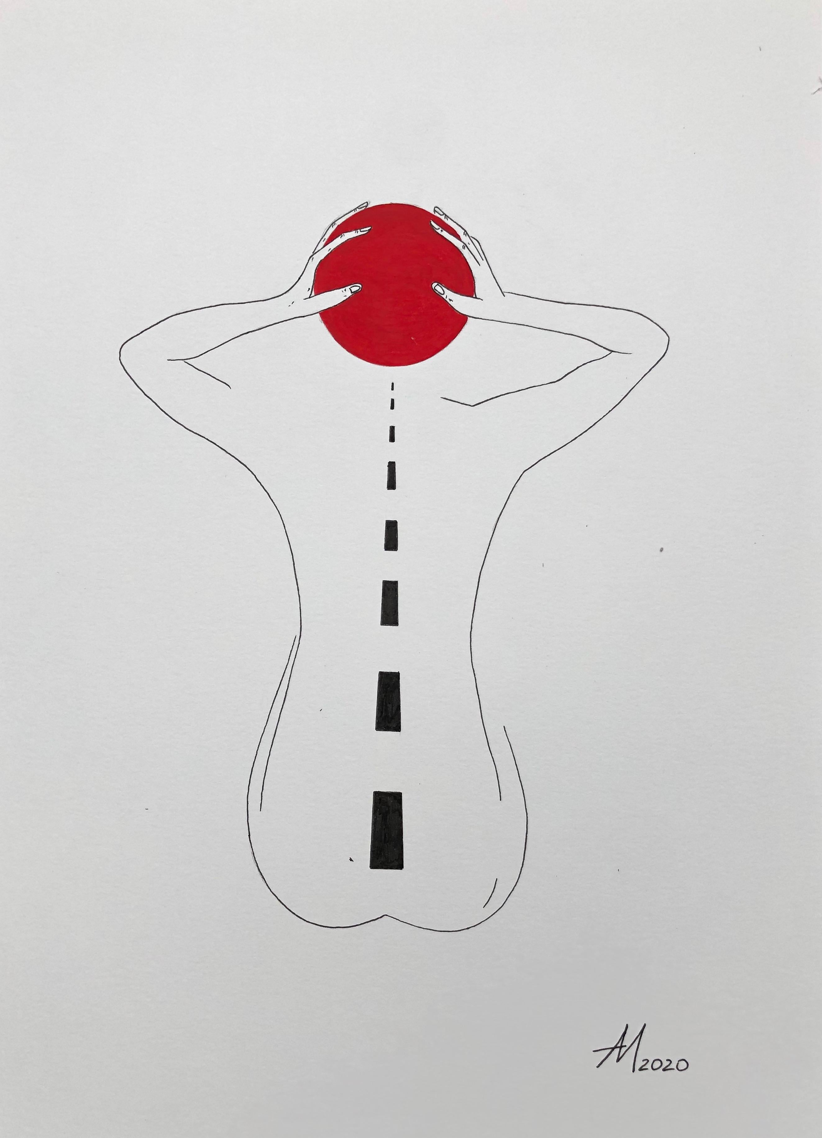 Mila Akopova Figurative Art - The road to the sun - line drawing figure and red circle 