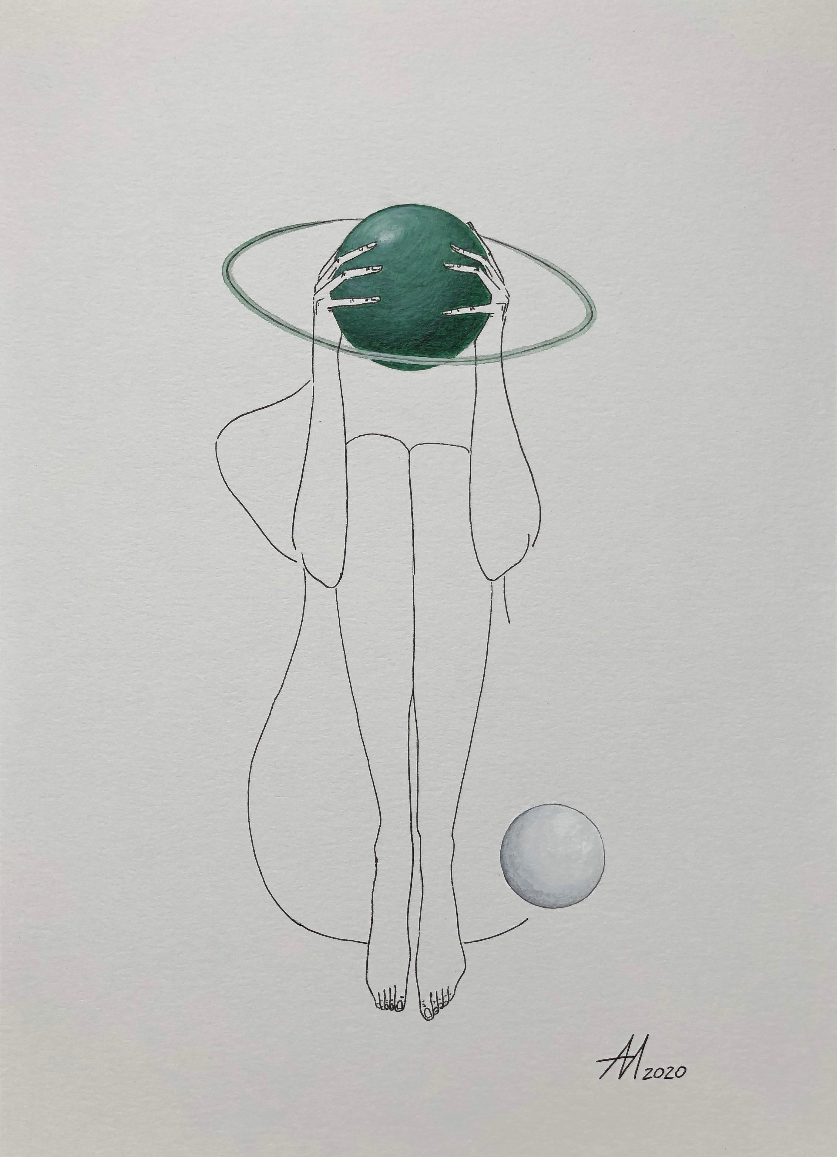 Mila Akopova Figurative Art - Green Saturn - line drawing woman figure with circle