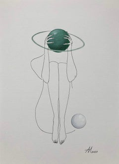 Green Saturn - line drawing woman figure with circle