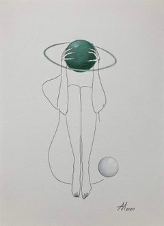 Saturne vert - dessin au trait - figure de femme en forme de cercle