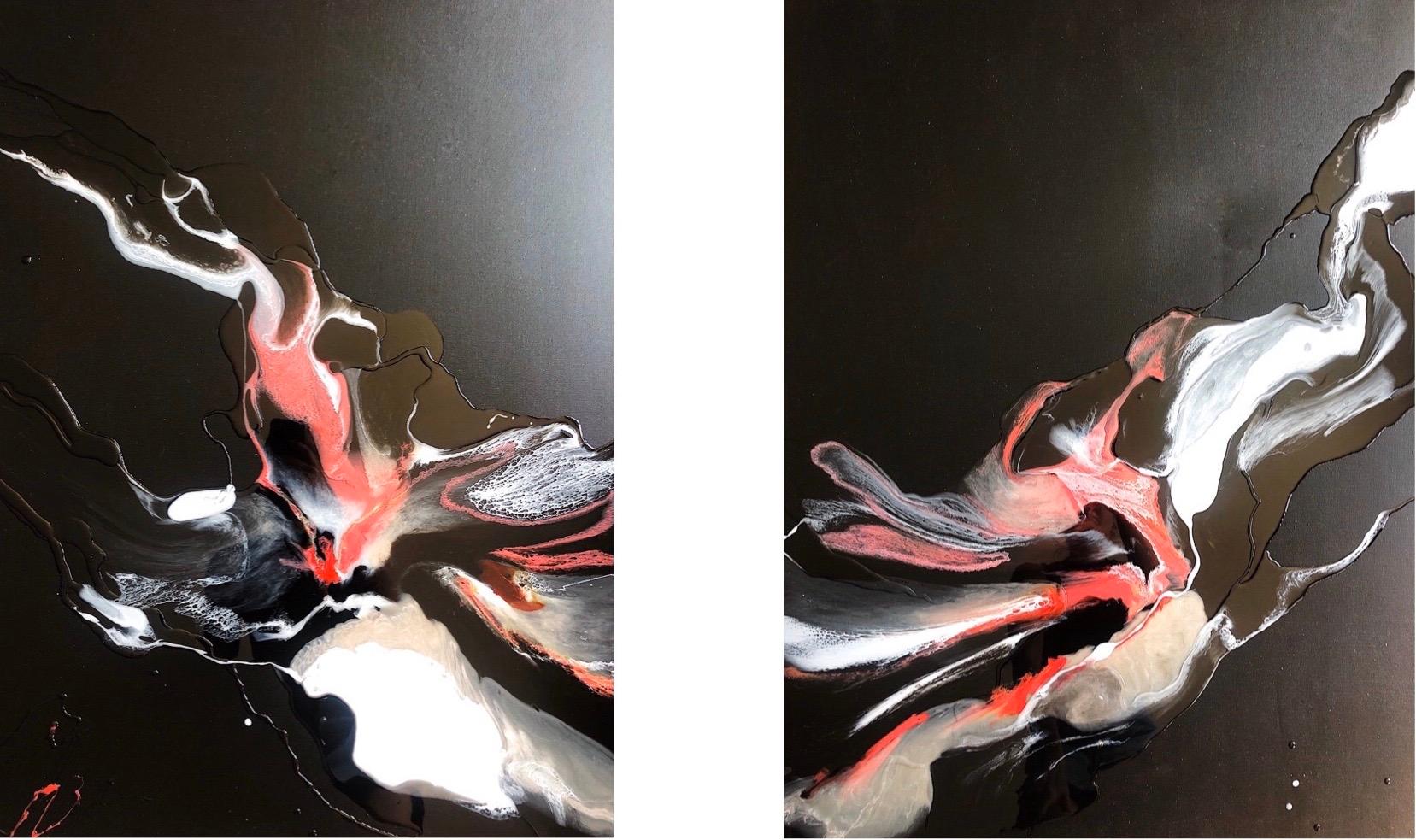 Rosy Water (Diptych) - abstraction art, made in black, rose, salmon red, white