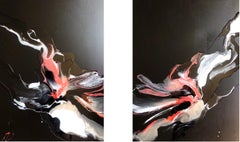 Rosy Water (Diptych) - abstraction art, made in black, rose, salmon red, white