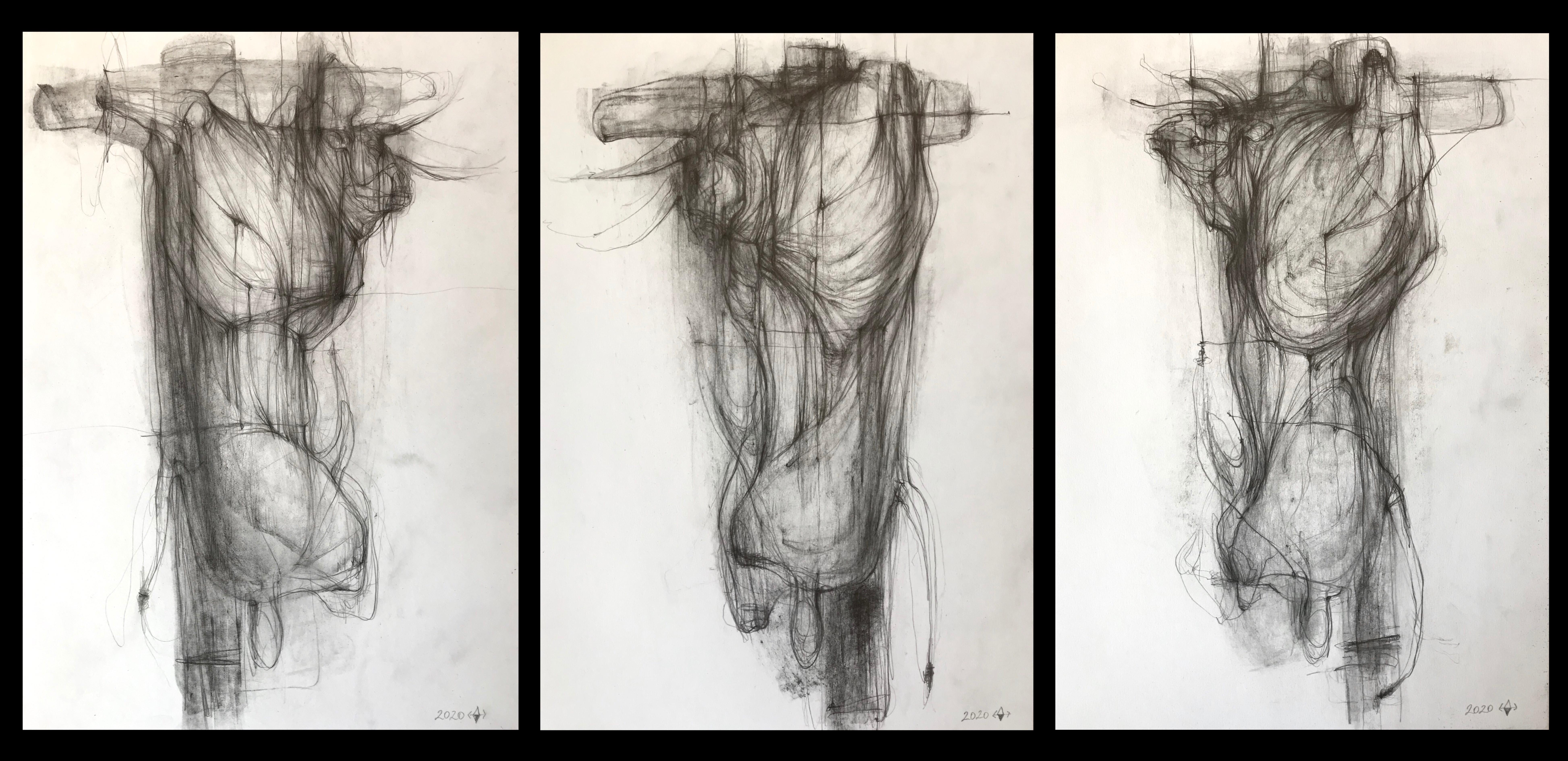 Dmitrii Drugakov Animal Painting - Bulls (triptych) - expressive line drawing 