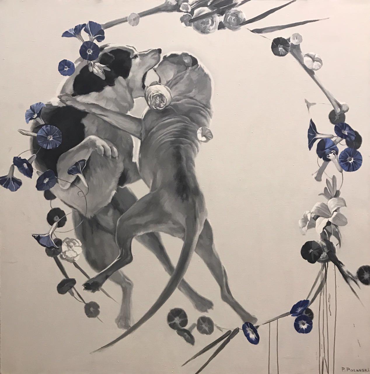 Figurative Painting de Pavel Polanski - Mornin-dogs luchando (flores), de color gris, rojo, naranja, negro y blanco