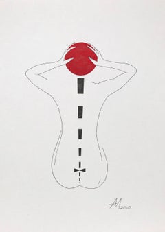 La Treccia - disegno in linea della figura e del cerchio rosso