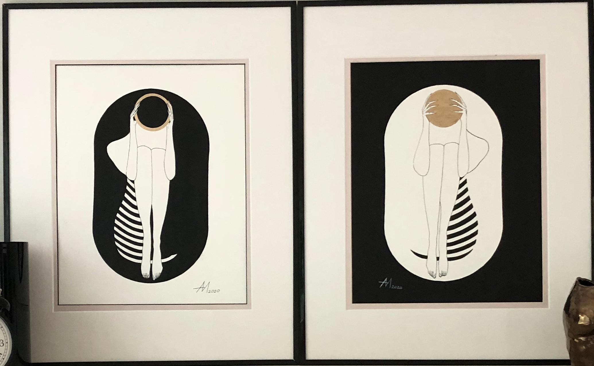 Mila Akopova Abstract Drawing - Black and white capsule - line drawing figure with gold disk and stripes