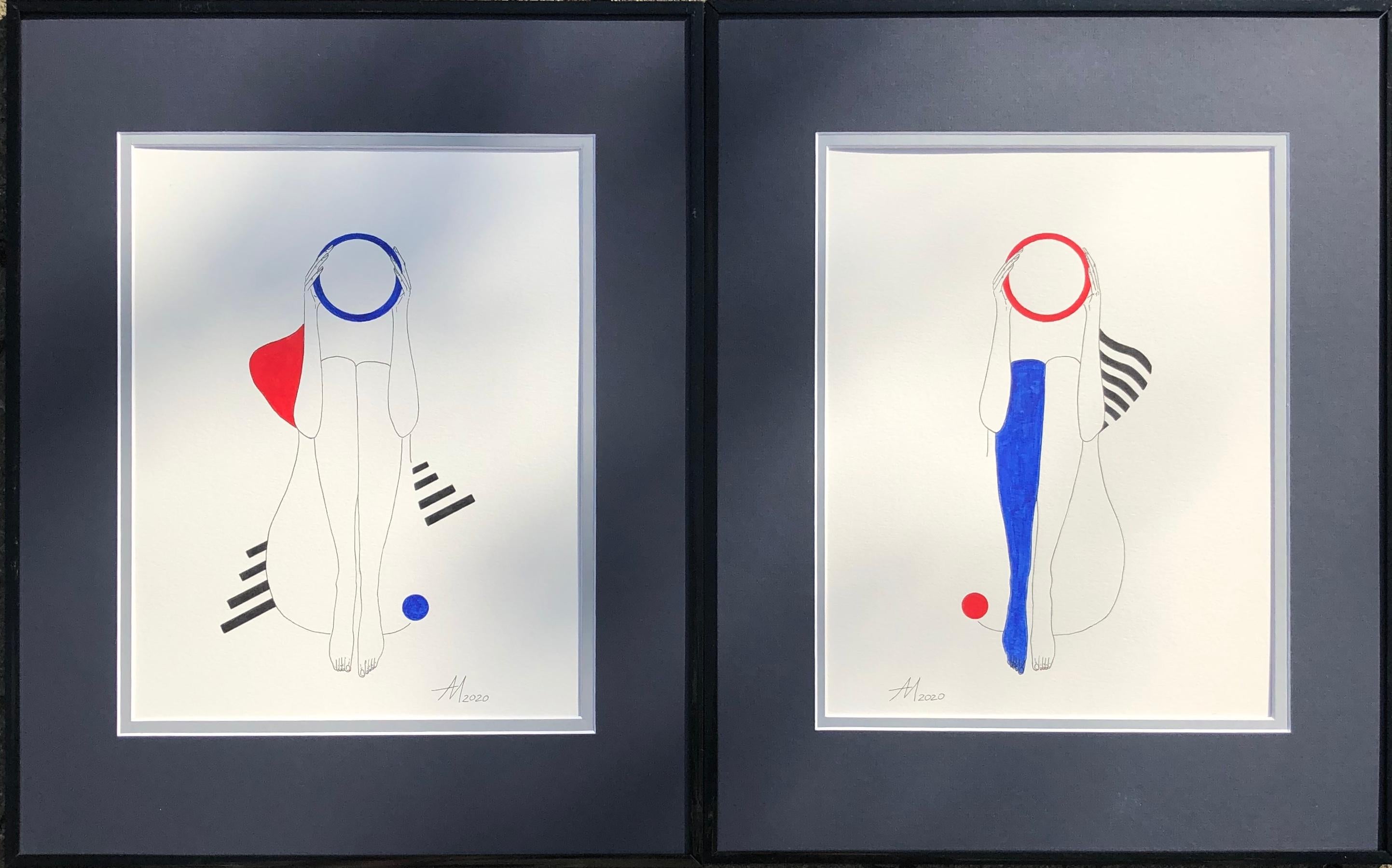 Suprematistische Komposition mit roter Schulter und blauem Stocking - Linienzeichnungsfigur 