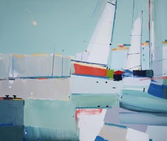Drying the sails - abstract seascape, made in blue, white, turquoise, red color