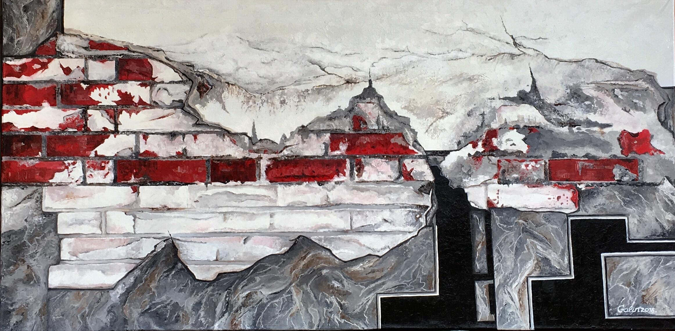 City of Angels (brick wall)-abstract painting made in red, black and white color