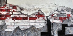 « City of Angels » ( mur de tissu) - peinture abstraite réalisée en rouge, noir et blanc