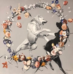 Day-dogs fighting (flowers), made in grey, red, orange, black and white color