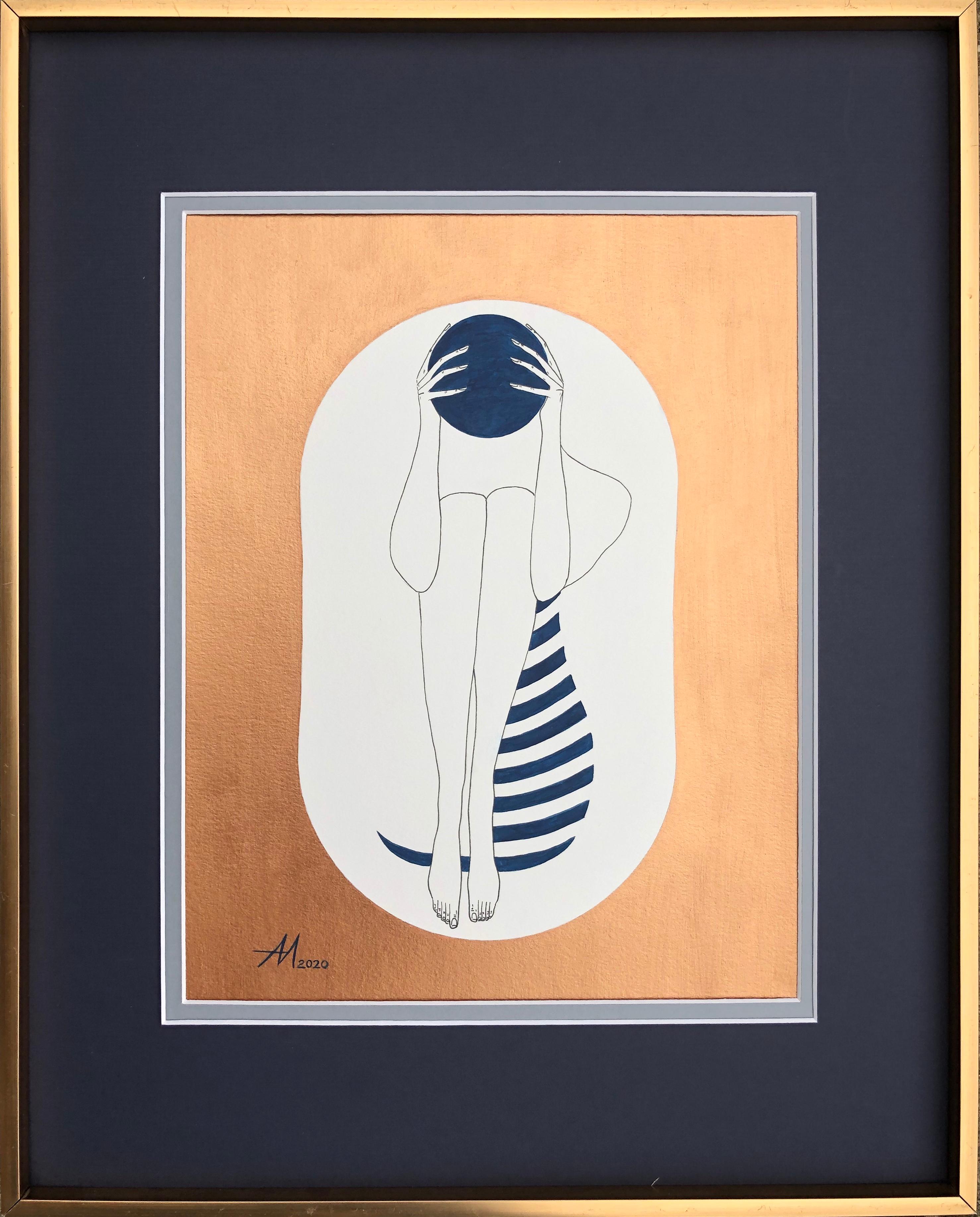 White capsule - line drawing figure with deep blue disk and stripes
