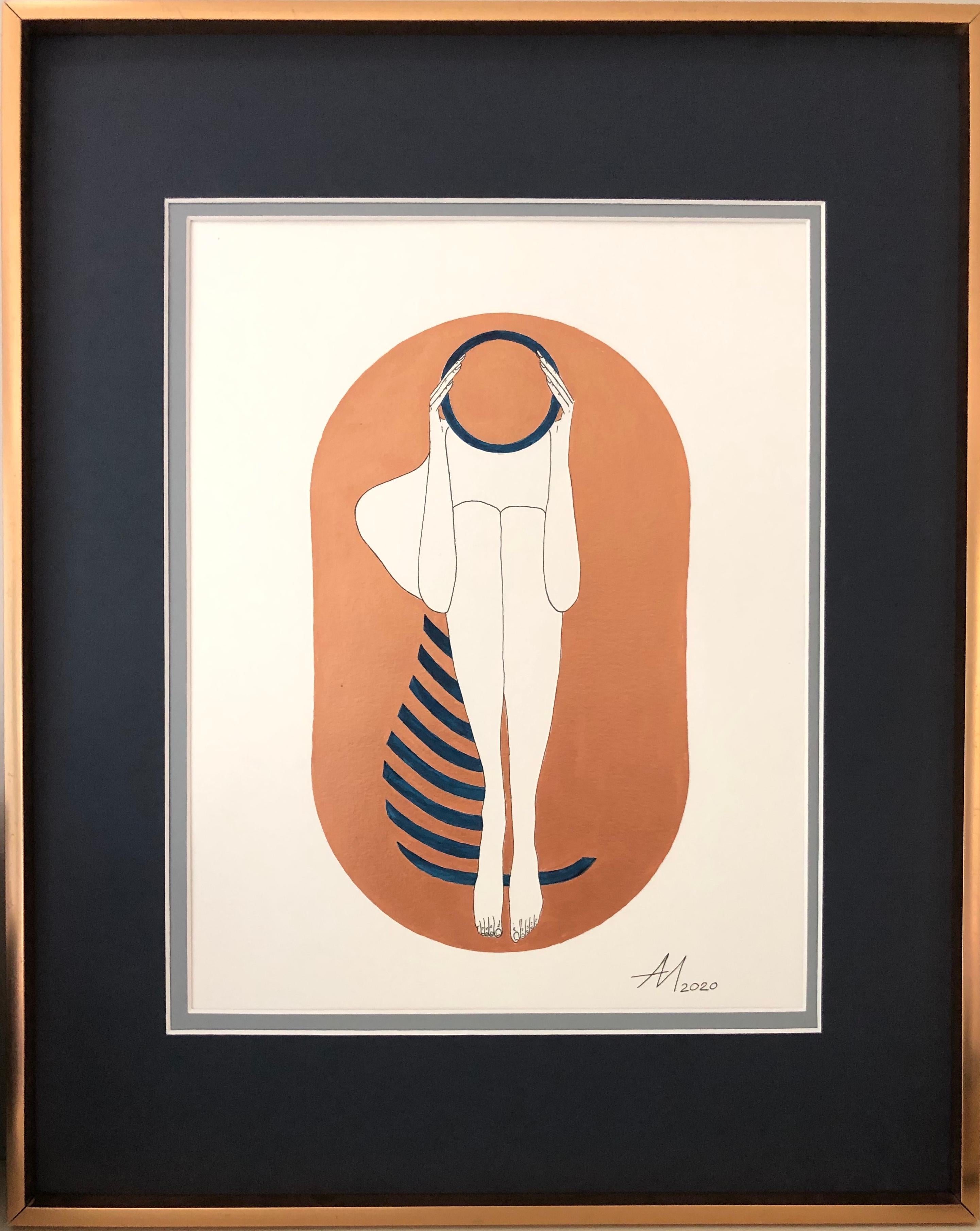 Mila Akopova Abstract Drawing - Bronze capsule - line drawing figure with deep blue disk and stripes
