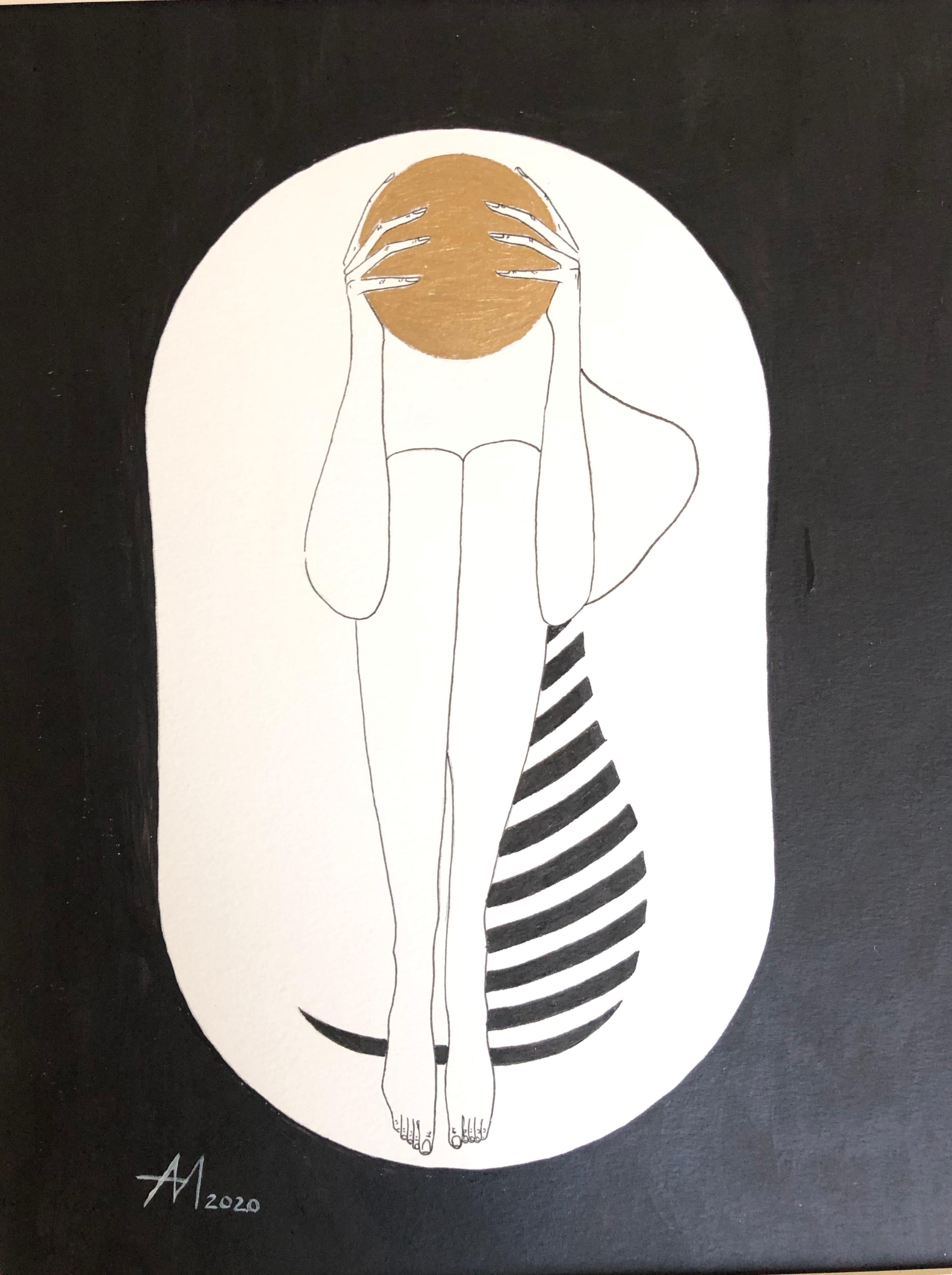 Mila Akopova Abstract Painting - White capsule - line drawing figure with gold disk and stripes