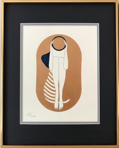 Bronze capsule - line drawing figure with deep blue disk and stripes