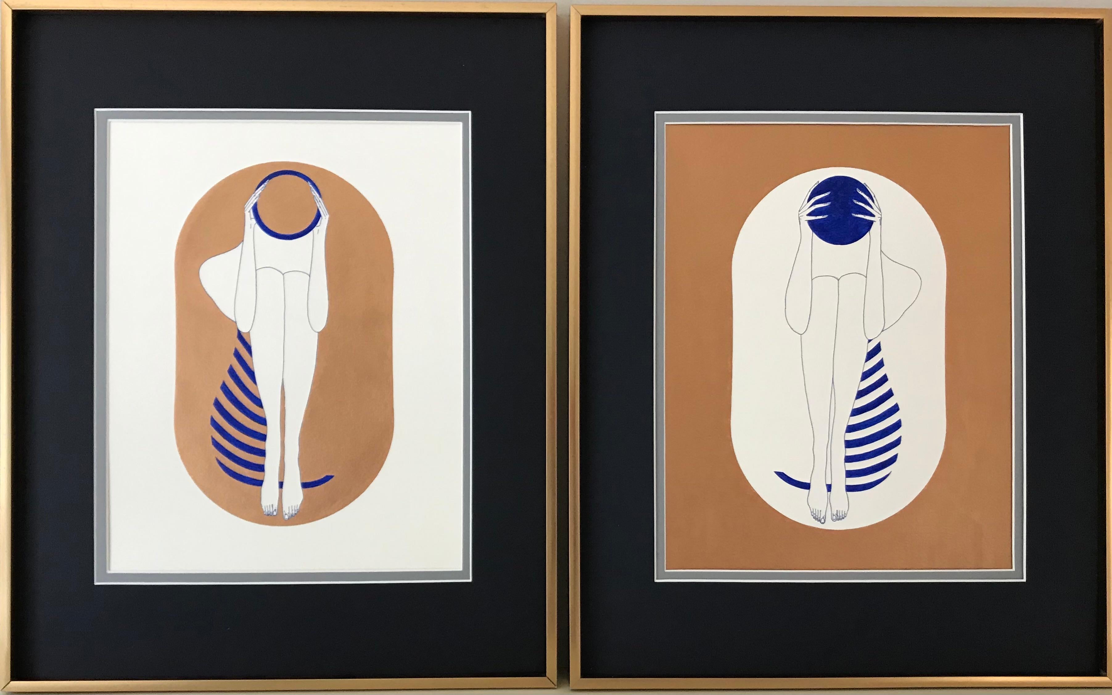 Mila Akopova Abstract Drawing – Bronze and white capsules - line drawing figure with ultramarine disk, stripes