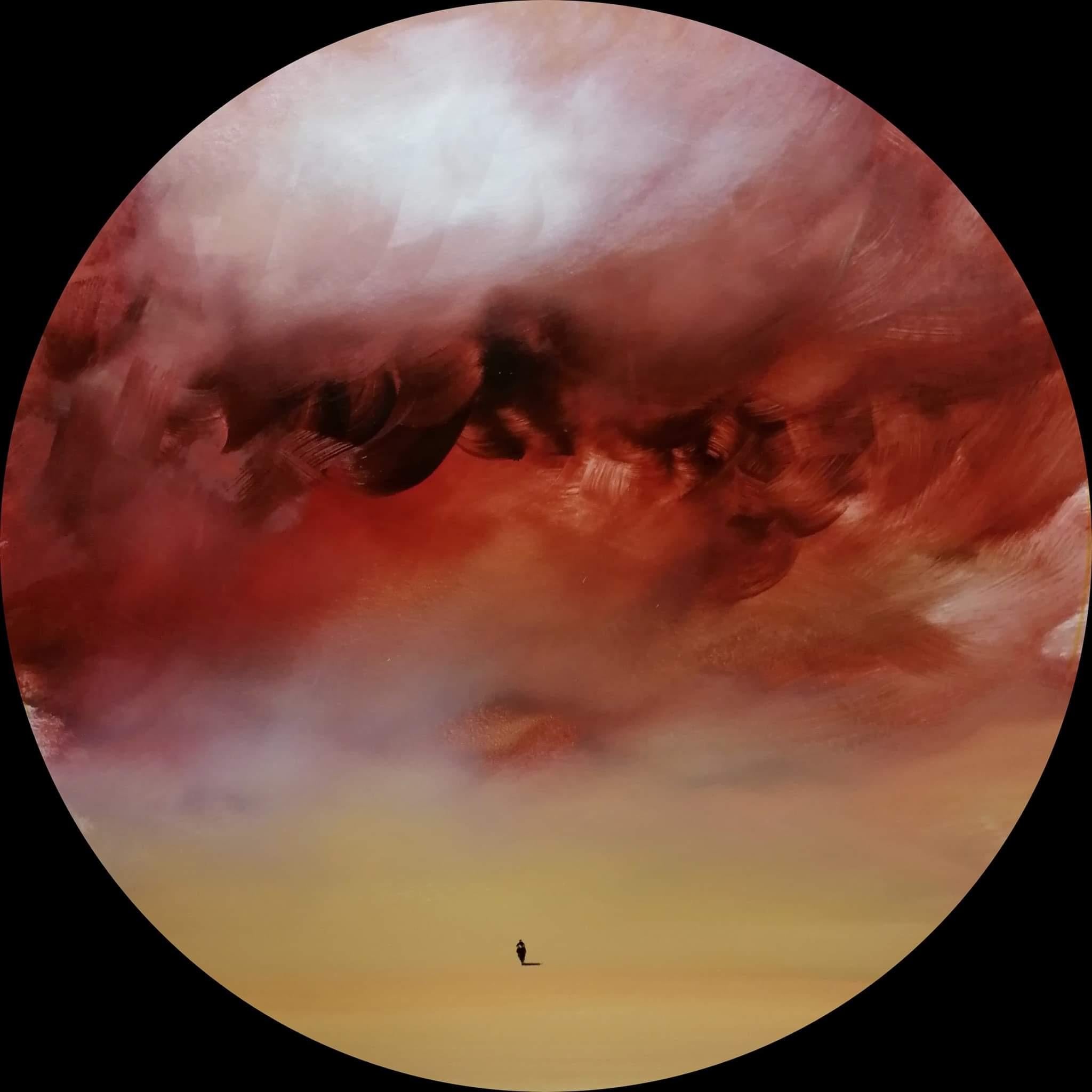 Daniil Arhipenko Landscape Art - Observer (circle) - landscape with yellow, red, black clouds