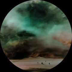 Observer (circle) - landscape with green, brown, beige and white clouds