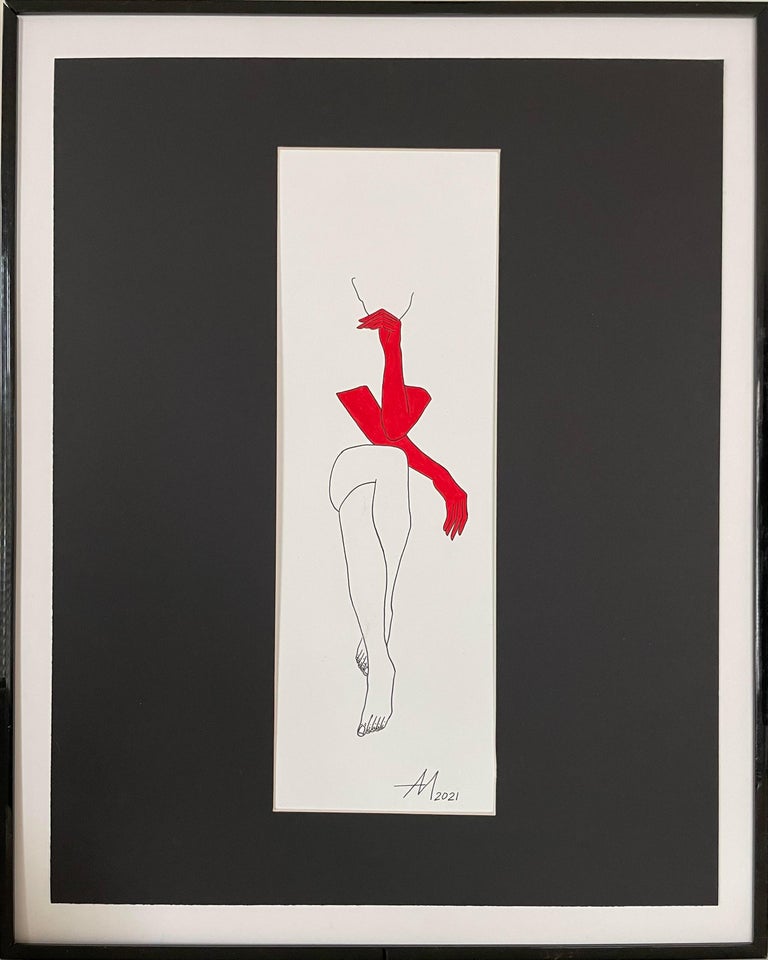 Mila Akopova Abstract Painting - Challenge - line drawing figure with red gloves