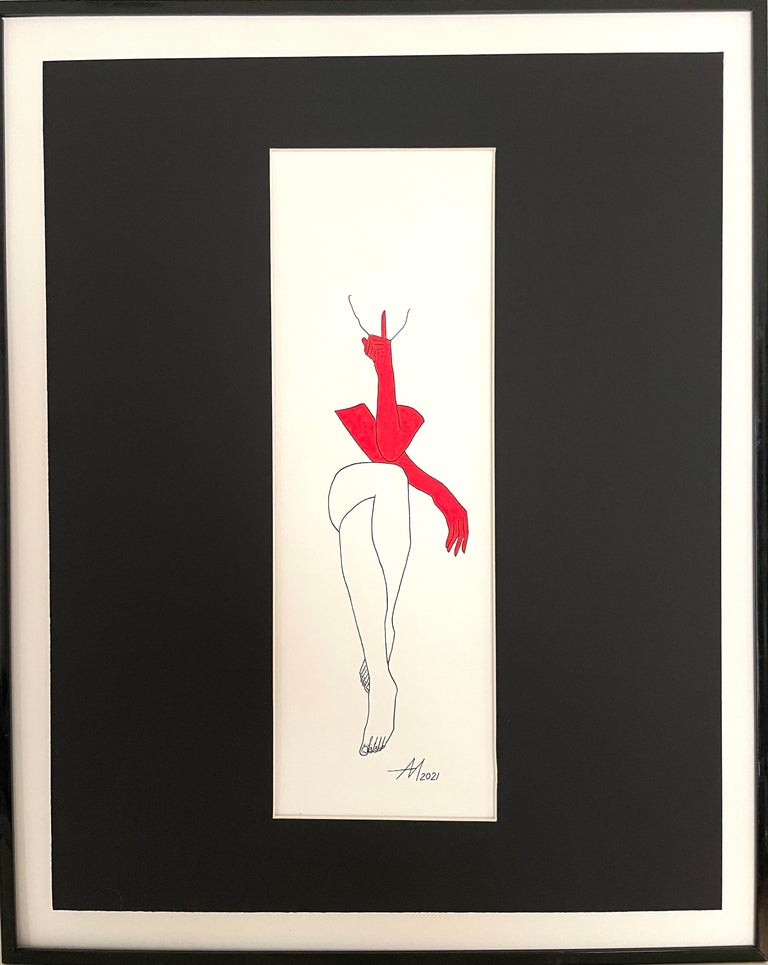 Mila Akopova Abstract Painting - Silence - line drawing figure with red gloves
