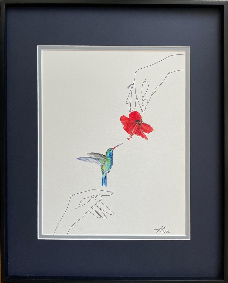 Mila Akopova Animal Painting - Delight - line drawing hands with flower and hummingbird