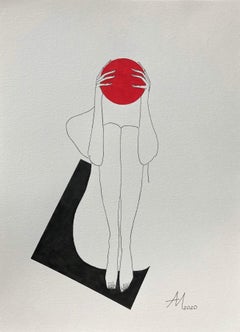 Suprematist composition red circle and black square - line drawing woman figure