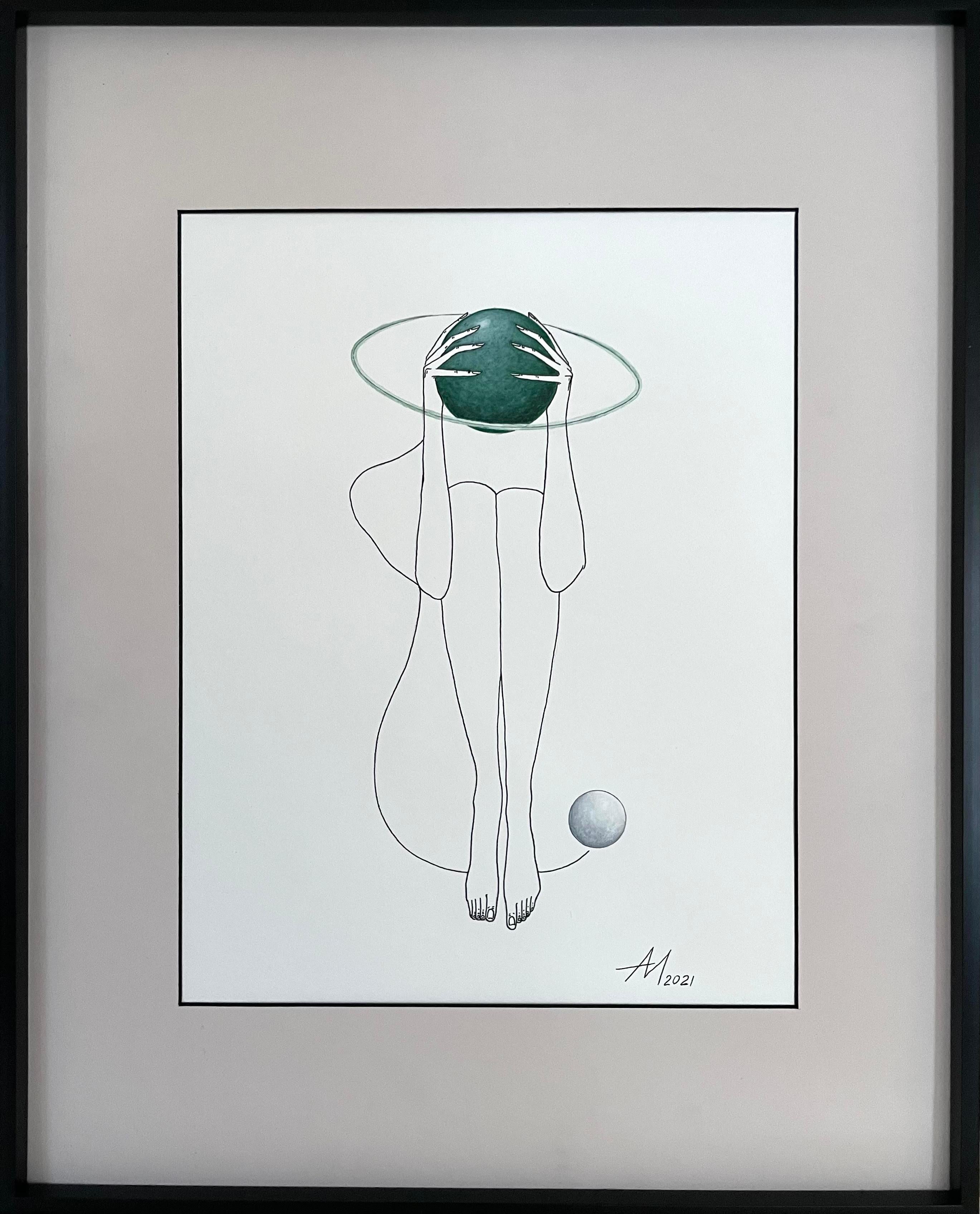 Mila Akopova Nude – Grüner Saturn – Linienzeichnung, Frauenfigur mit Kreis