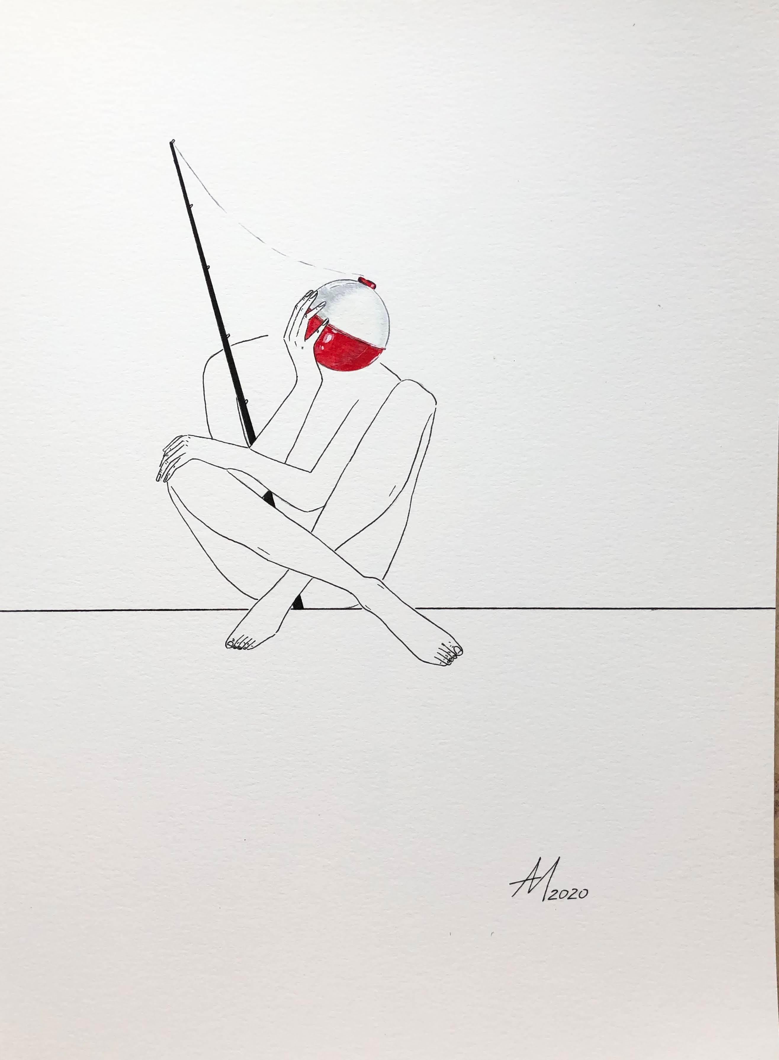 Mila Akopova Figurative Art - Might take the bite - line drawing figure (fishing)